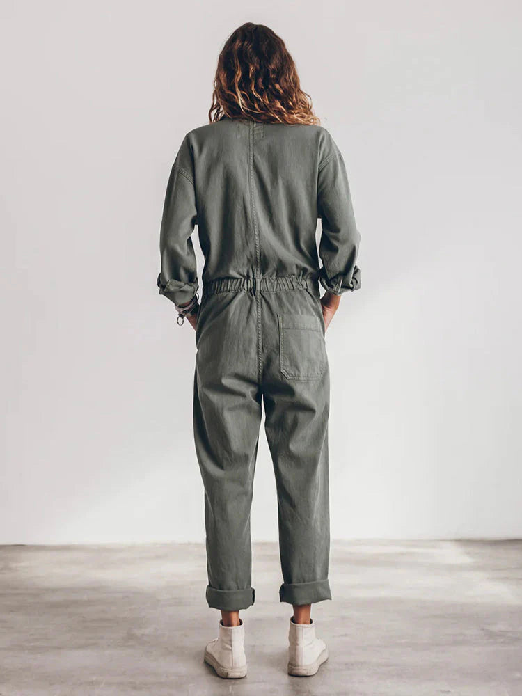 Damesjumpsuit met losse pasvorm en knoopsluiting aan de voorkant