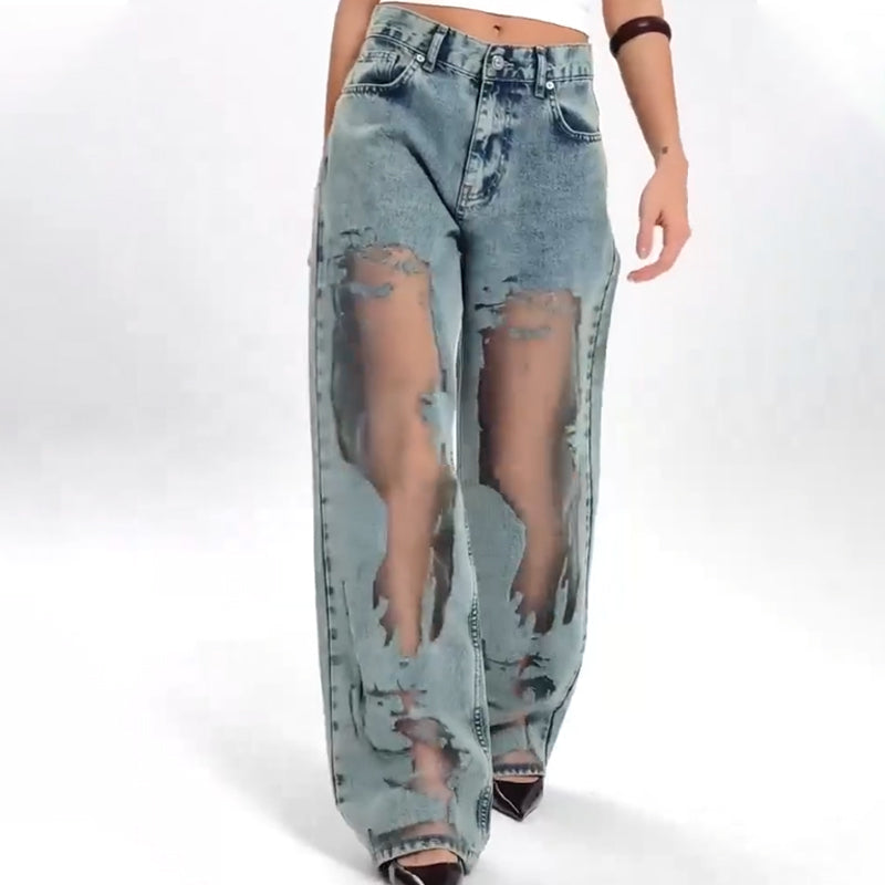 Damesjeans met vintage mesh patchwork print