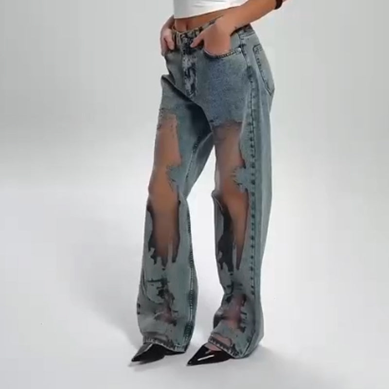 Damesjeans met vintage mesh patchwork print