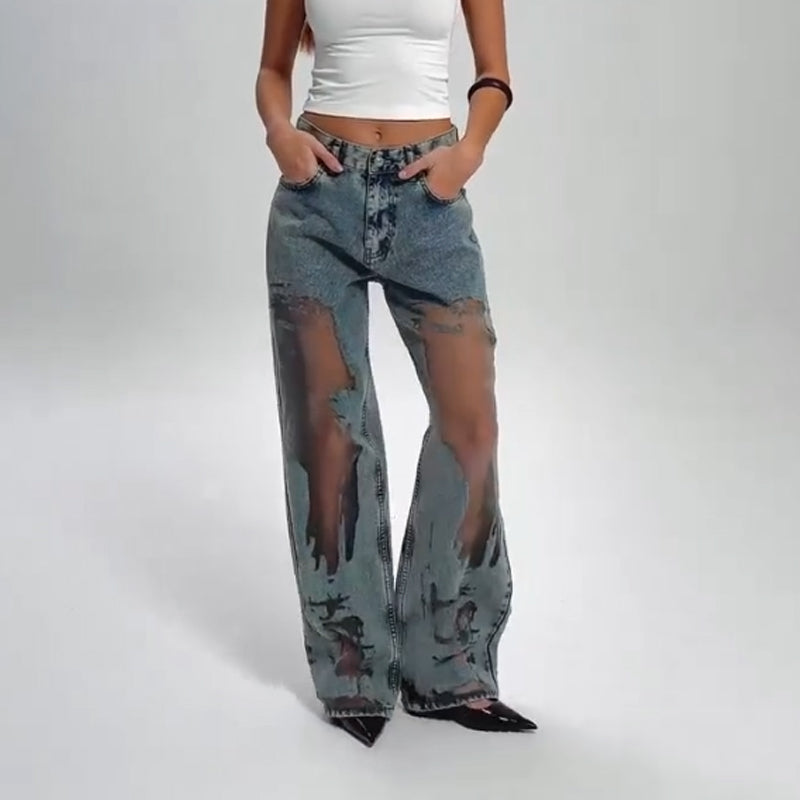 Damesjeans met vintage mesh patchwork print