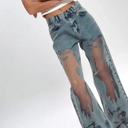 Damesjeans met vintage mesh patchwork print